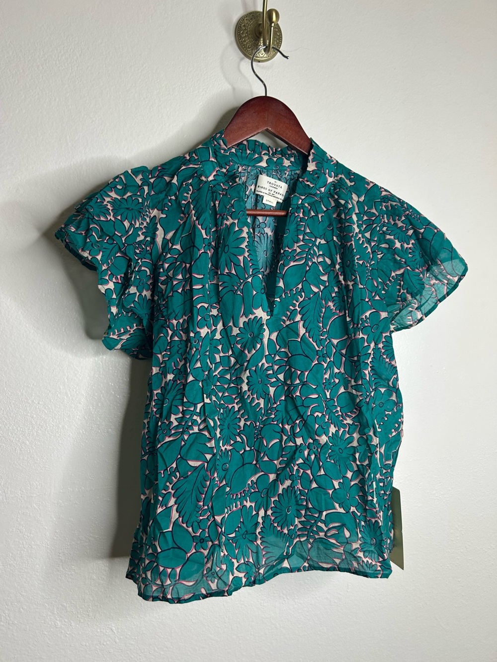 NWT Trovata 100% Cotton Teal Floral Short Flutter Sleeve Clover Blouse